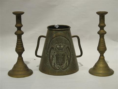 Appraisal: FRENCH BRASS VASE PAIR CANDLESTICKS The two handle vase with