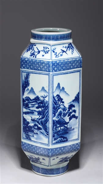 Appraisal: Chinese blue and white hexagonally faceted porcelain vase with river