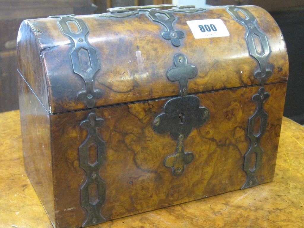 Appraisal: Walnut and metal bound dome top tea caddy