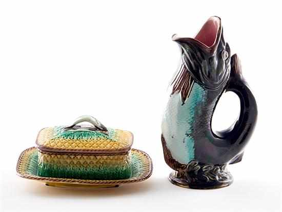 Appraisal: Majolica sardine box and fish pitcher late th century pineapple