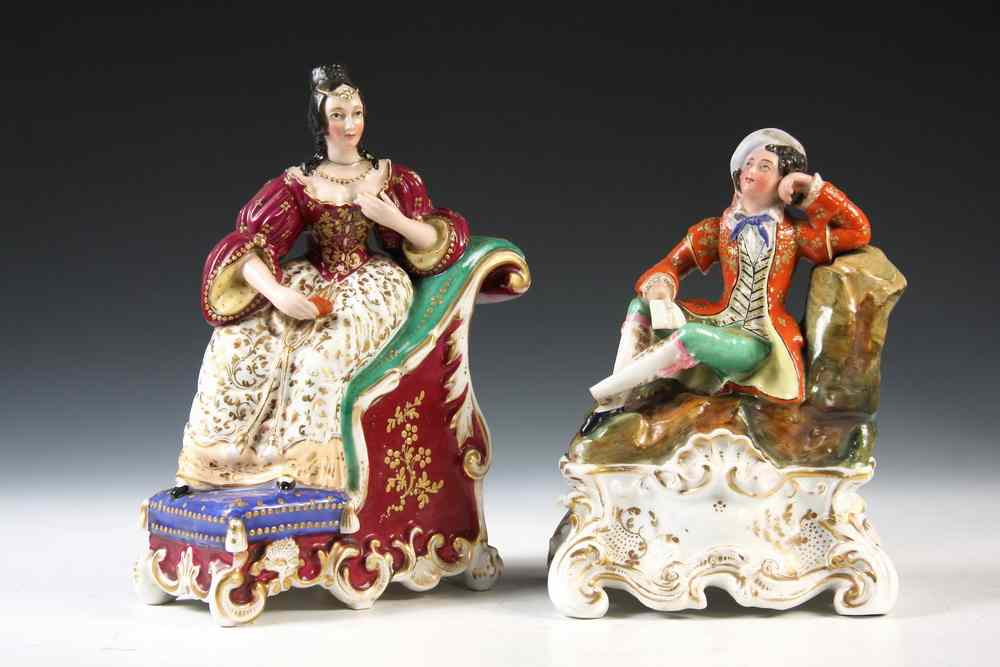 Appraisal: ENGLISH FIGURAL PORCELAIN BOTTLES - Enameled Porcelain Figural Bottles seated