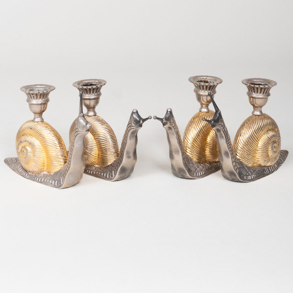 Appraisal: Set of Four Silvered Metal Snail Form Candlesticks x x