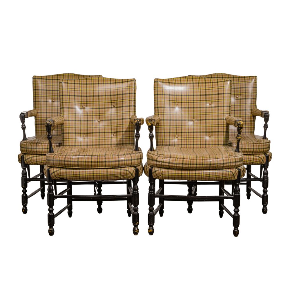 Appraisal: THE HARDEN FURNITURE COMPANY UPHOLSTERED EBONIZED WOOD ARMCHAIR COLLECTIONVinyl plaid