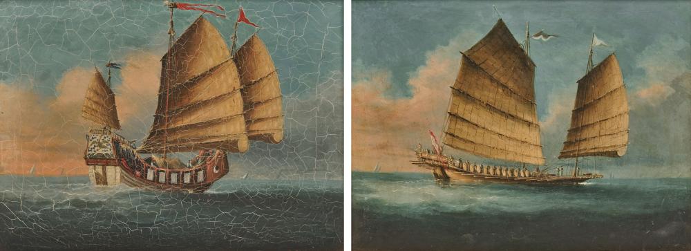 Appraisal: CHINA TRADE th century Pair of Ship Portraits oil on