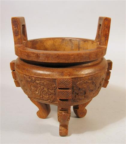 Appraisal: Chinese bamboo 'Ding' censer th century Arched handles over cylindrical