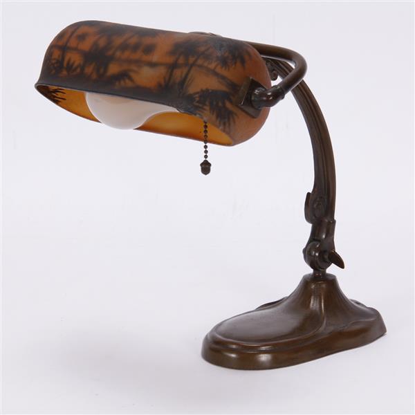 Appraisal: Handel Bronze Student Desk Lamp with Reverse Painted Scenic Glass