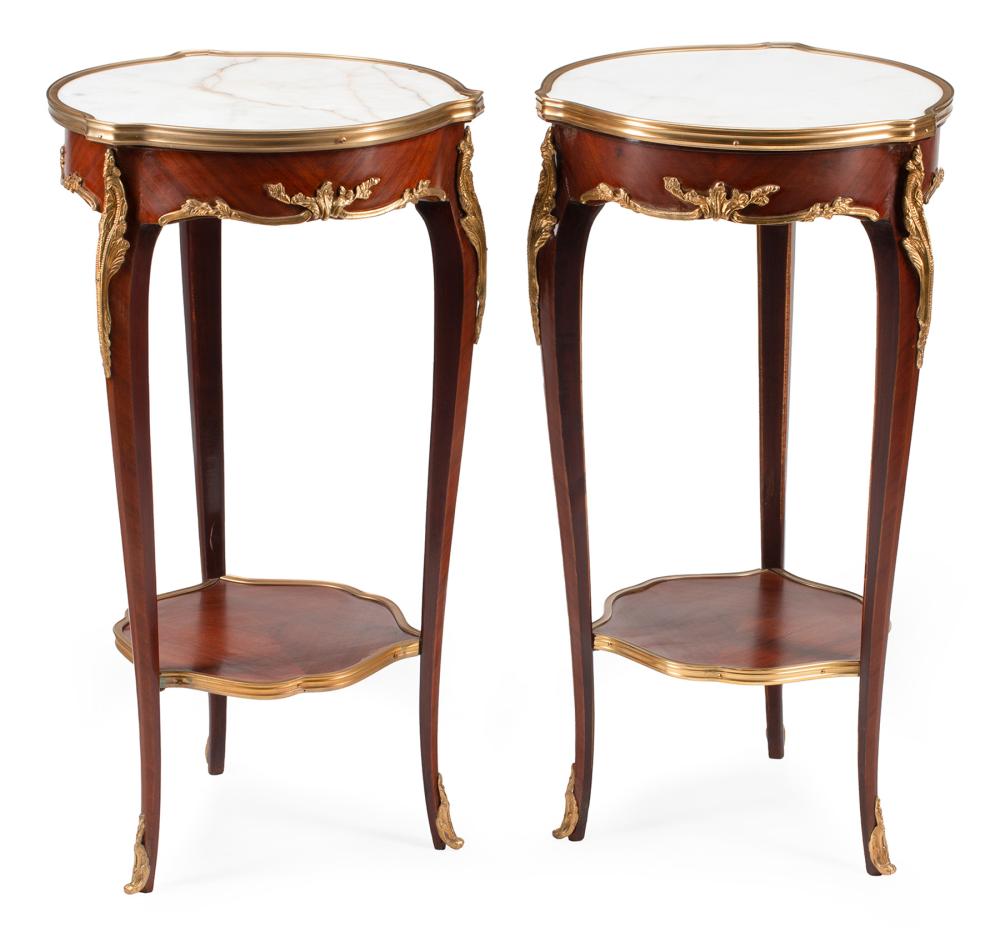 Appraisal: Pair of Louis XV-Style Bronze-Mounted Kingwood Occasional Tables inset white