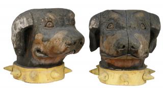 Appraisal: POST-TOP SCULPTURES Carved and Painted Wooden Dog Head Sculptures of