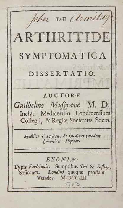 Appraisal: Musgrave William De Arthritide Symptomatica Dissertatio first edition errata f