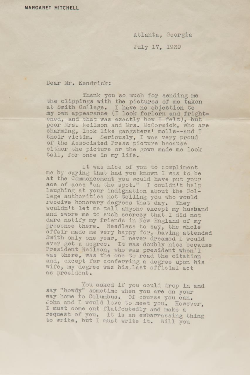 Appraisal: MARGARET MITCHELL SIGNED LETTER SMITH COLLEGE Letter dated July from