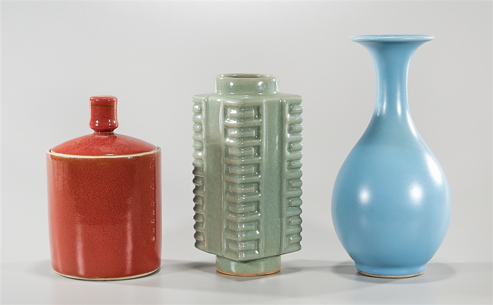 Appraisal: Three Chinese monochrome glazed ceramics including a blue vase with