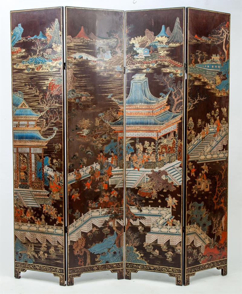 Appraisal: Chinese Black Lacquer Coromandel Four-Panel Screen th Century ft x