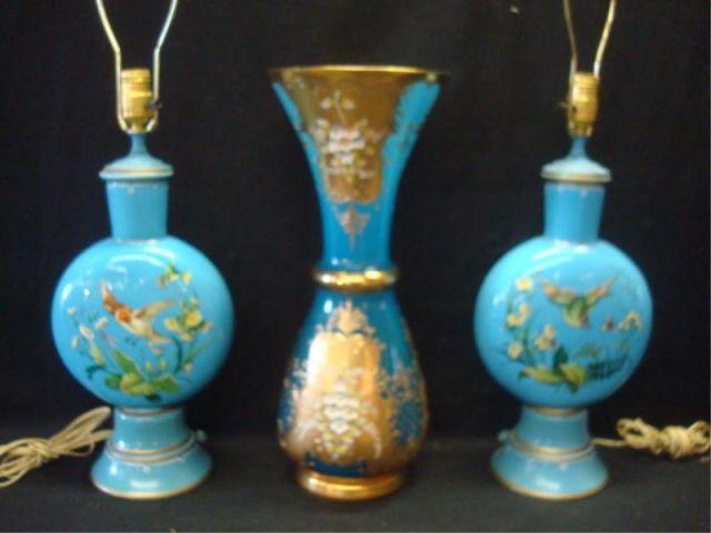 Appraisal: Pair of Blue Glass Lamps a Blue Glass Vase From