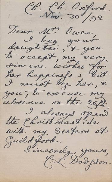 Appraisal: DODGSON CHARLES LUTWIDGE Autograph Letter Signed C L Dodgson p