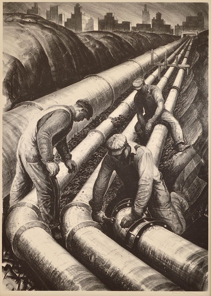 Appraisal: James E Allen Lithograph 'Three Pipe Lines' James Edward Allen