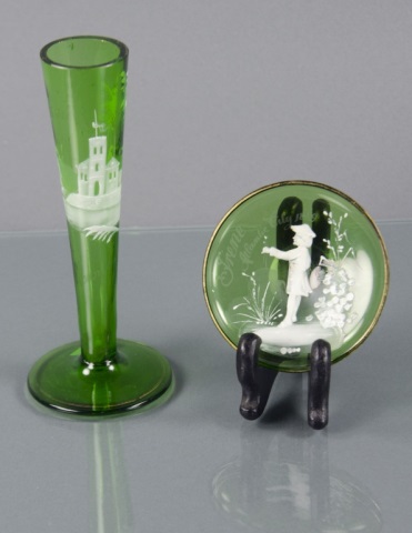 Appraisal: Two Emerald Green Mary Gregory Glass ItemsIncluding one bud vase