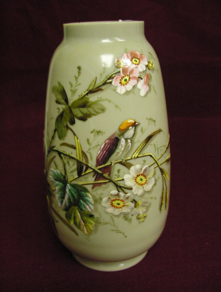 Appraisal: BRISTOL GLASS HEAVY ENAMEL VASE Bird and flowers decor Size