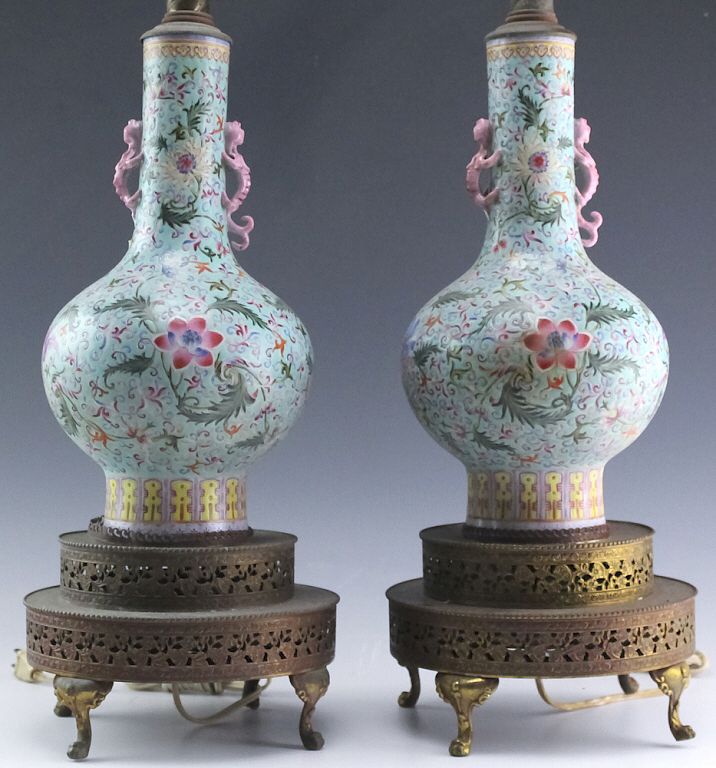 Appraisal: Pr Chinese Porcelain Figural Handled Vase Lamps Pair of Chinese