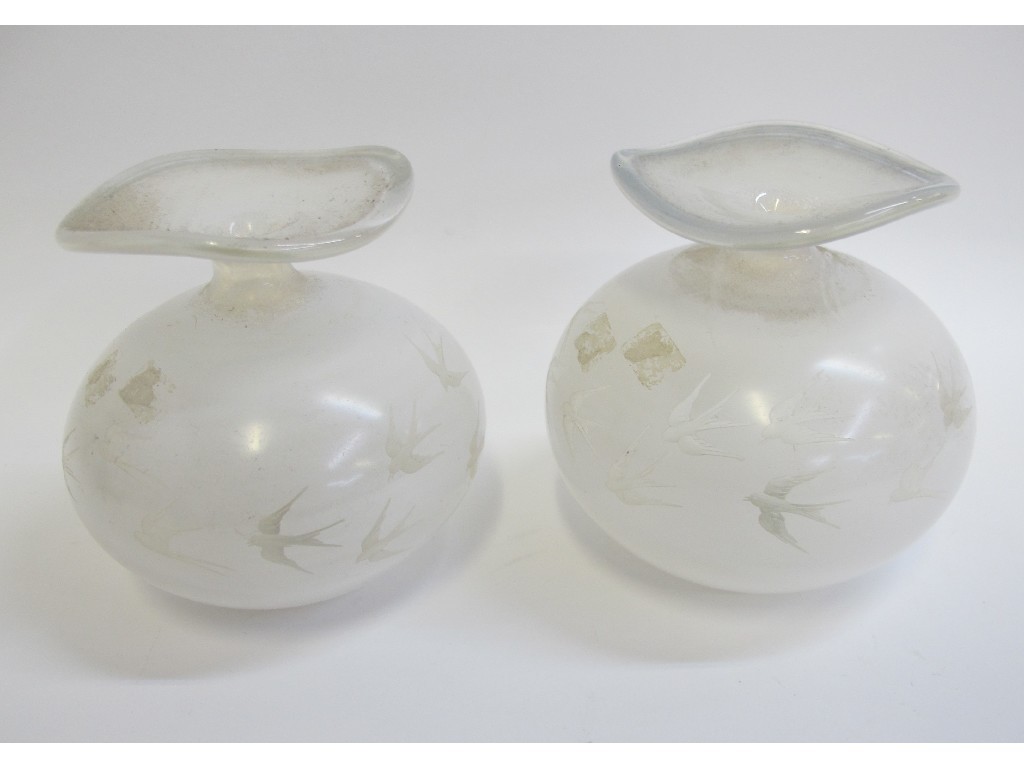 Appraisal: Pair of white Schmid blown glass vases with cut decoration