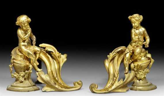 Appraisal: PAIR OF FIREPLACE CHENETS AUX ENFANTS Louis XV style Paris