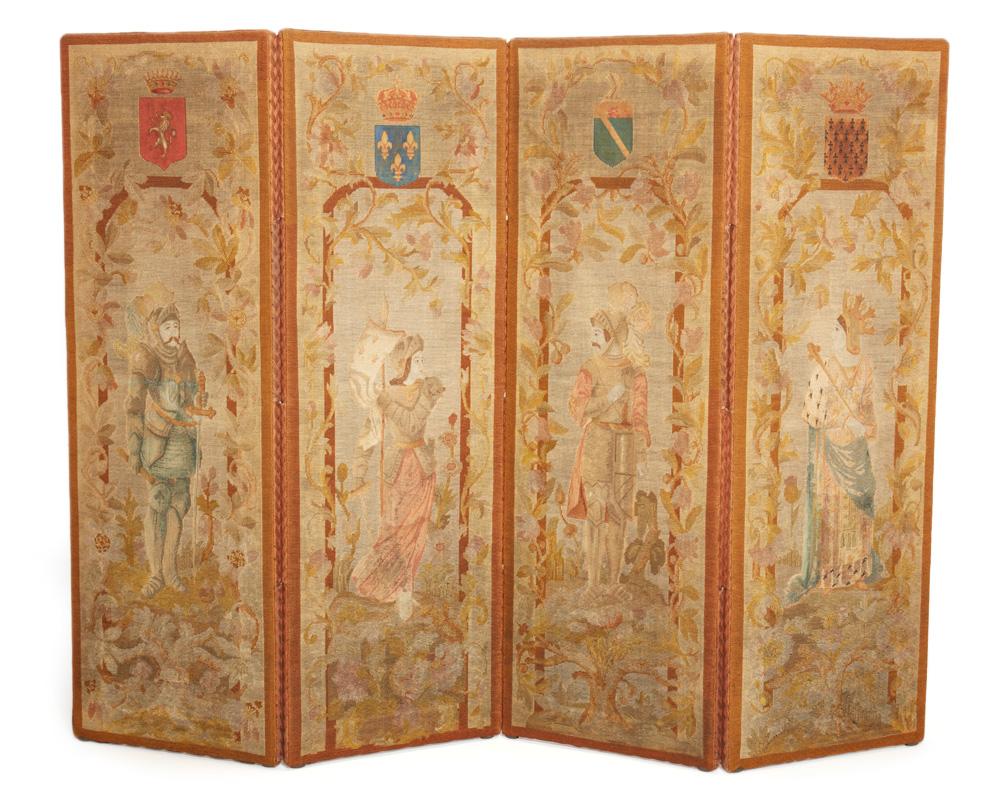 Appraisal: A petit point embroidered four-panel folding screen th Century or