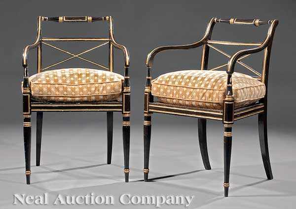 Appraisal: A Pair of Regency Ebonized and Gilt-Decorated Armchairs early th