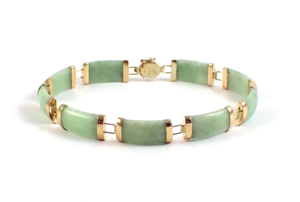 Appraisal: CHINESE JADE AND FOURTEEN KARAT GOLD BRACELET measuring - in