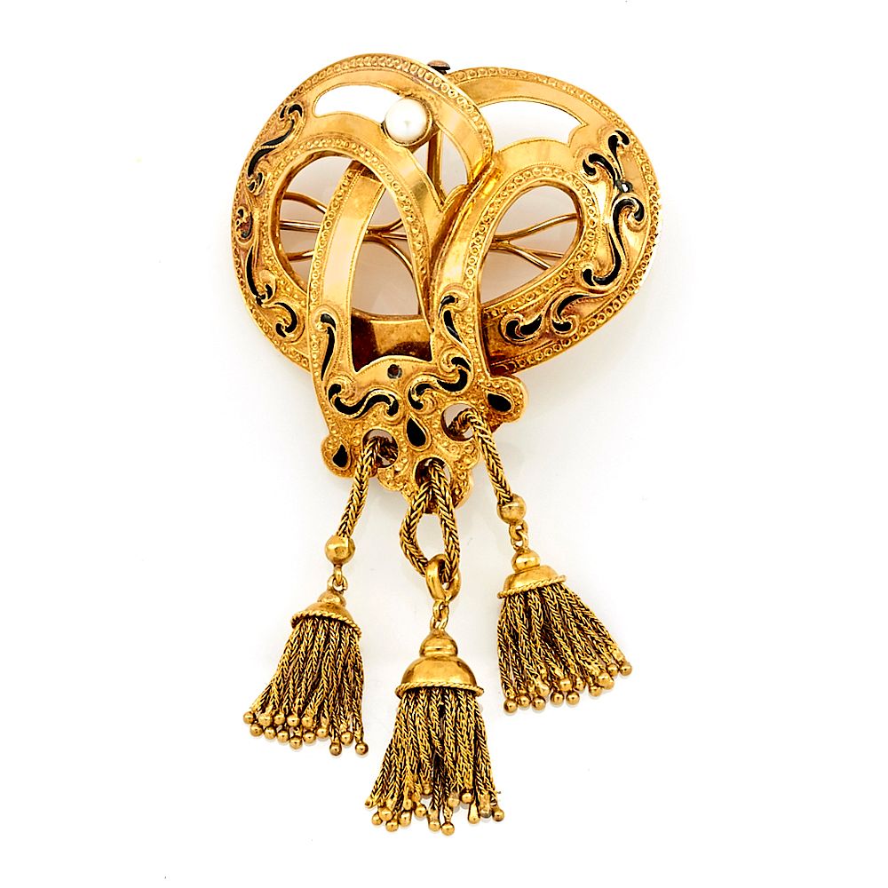 Appraisal: k Yellow gold black enamel pearl Victorian tassel brooch k