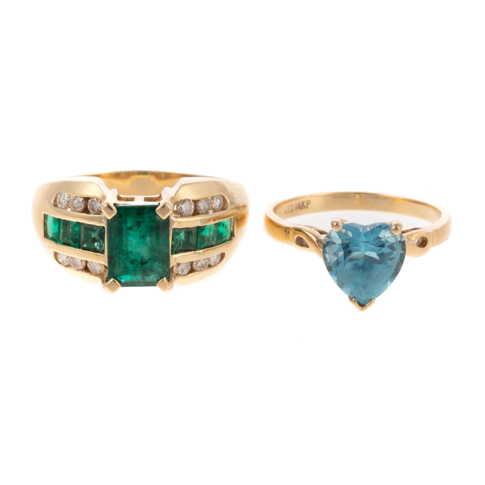 Appraisal: AN EMERALD RING BLUE TOPAZ RING IN K K yellow