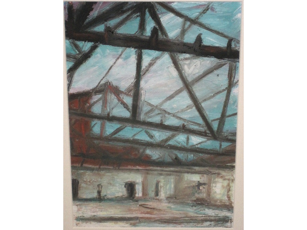 Appraisal: ANDREW CHEETHAM Oil on paper 'Burned out warehouse' signed verso