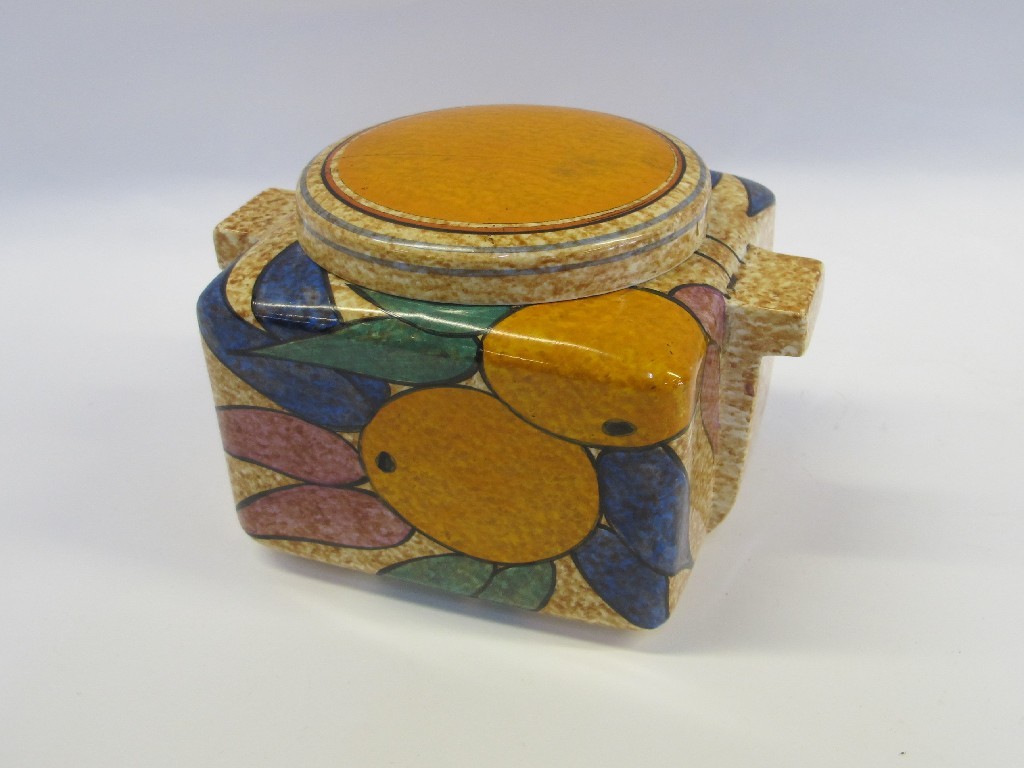 Appraisal: Clarice Cliff Bizarre 'Cafe au Lait Oranges' pattern biscuit barrel