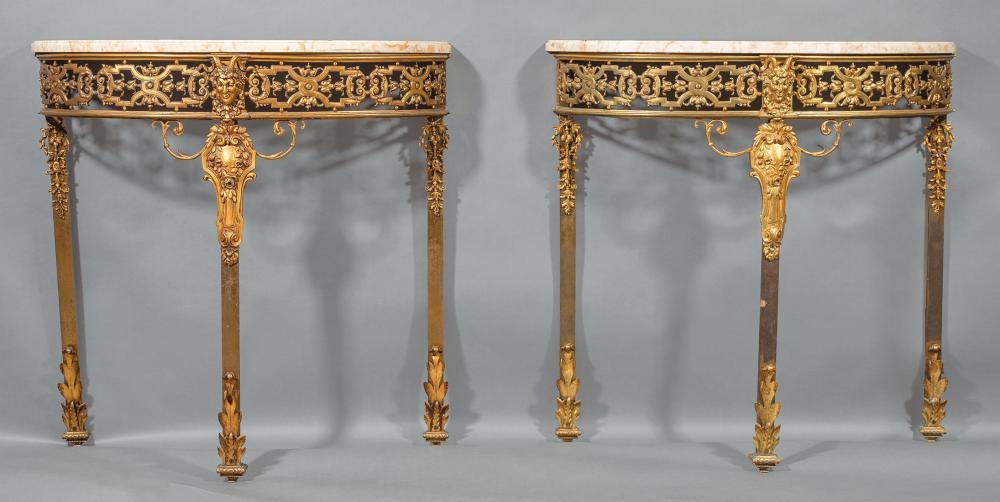 Appraisal: Pair of Continental Gilt Bronze Demilune Consoles molded marble top