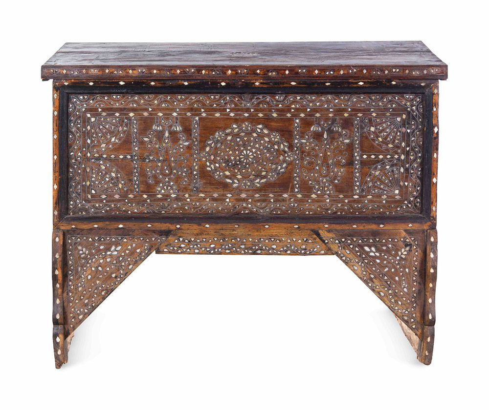 Appraisal: A Syrian Mother-of-Pearl Inlaid Walnut Chest on Stand A Syrian