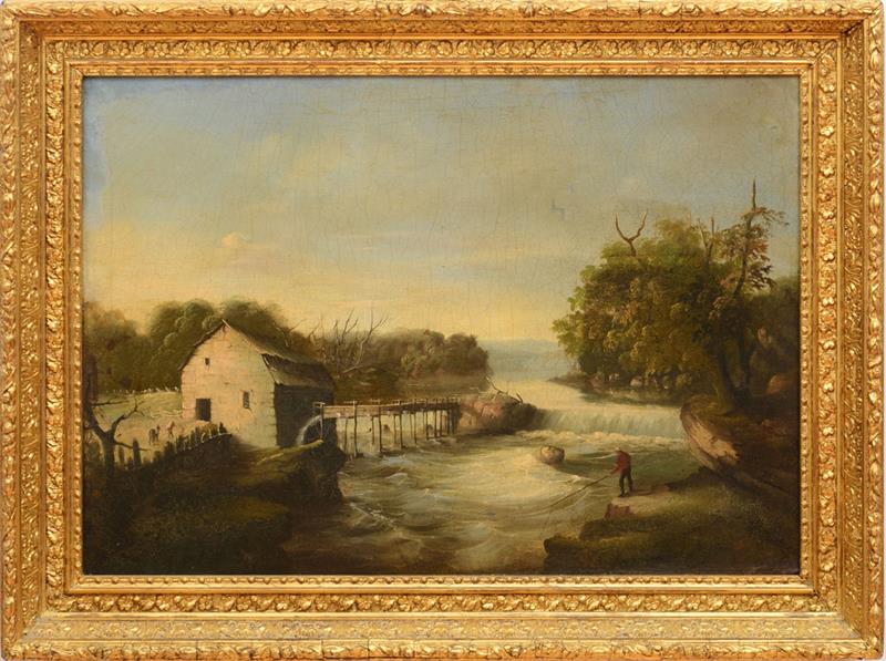 Appraisal: EUROPEAN SCHOOL FISHING BY THE MILL Oil on board unsigned