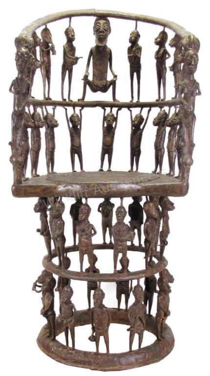 Appraisal: An antique monumental Benin African bronze throne chair with figures