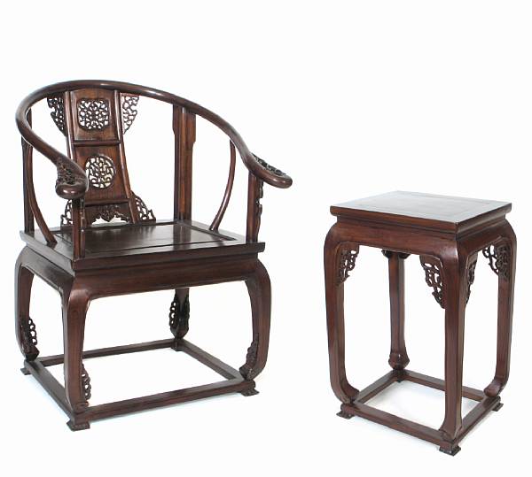 Appraisal: A pair of Chinese horseshoe form hardwood armchairs together with