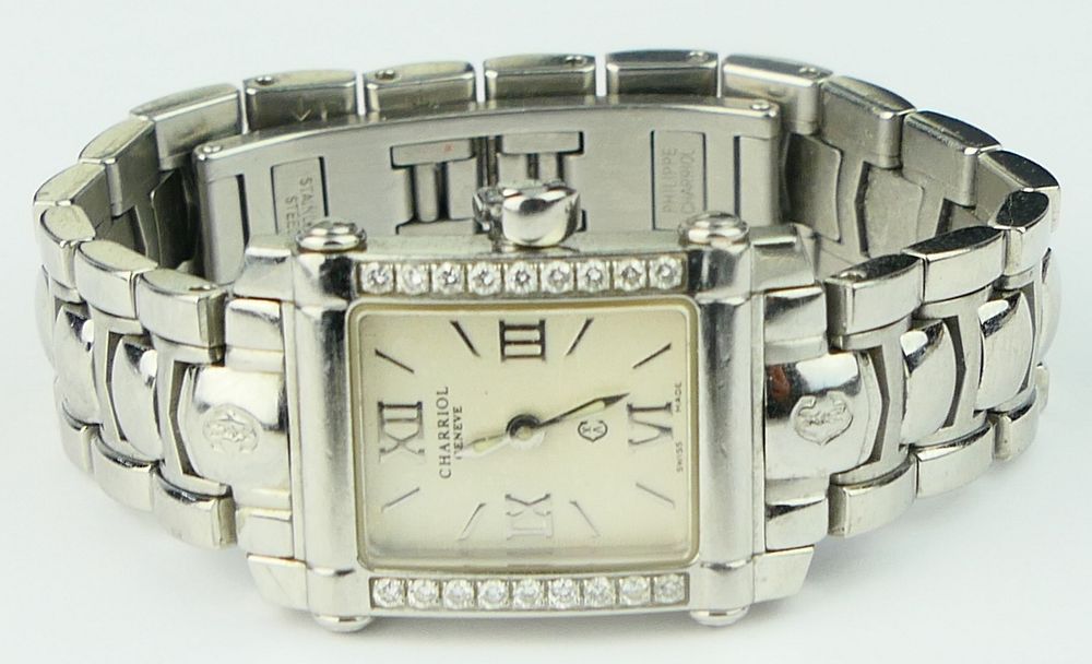 Appraisal: PHILLIPE CHARRIOL STAINLESS DIAMOND LADIES WATCH Diamond bezel to sides