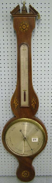 Appraisal: Mahogany inlaid wheel barometer thermometer the silvered dial signed C