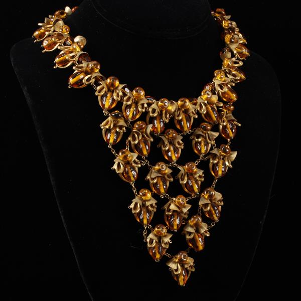 Appraisal: Miriam Haskell Amber Glass Gilt Metal Bib Necklace