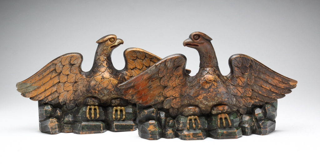 Appraisal: PAIR OF AMERICAN ARCHITECTURAL EAGLES Second half th century pine