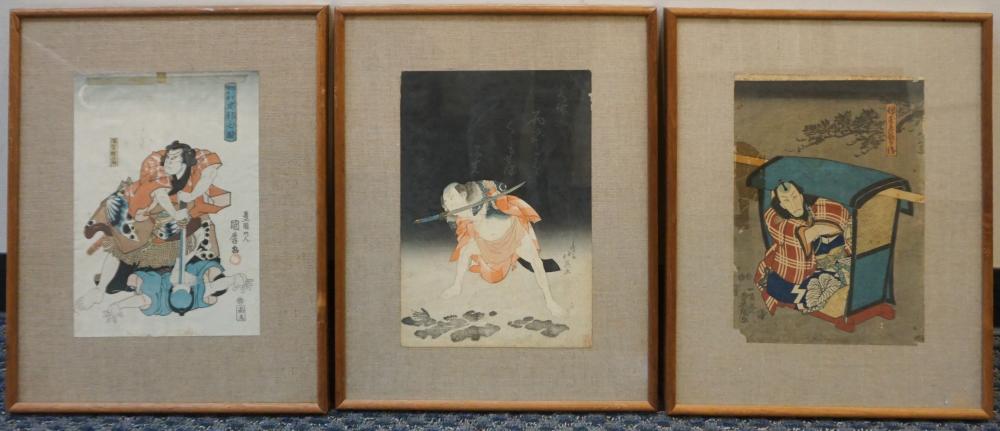 Appraisal: VARIOUS UKIYO-E ARTISTS ACTORS THREE OBAN TATE-E FRAME X IN