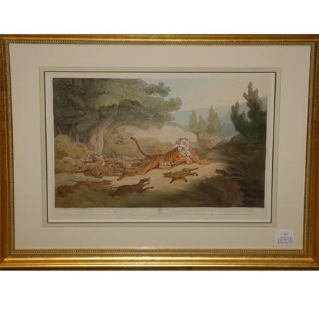 Appraisal: Samuel Howitt A TIGER HUNTED BY WILD DOGS Hand-colored aquatint