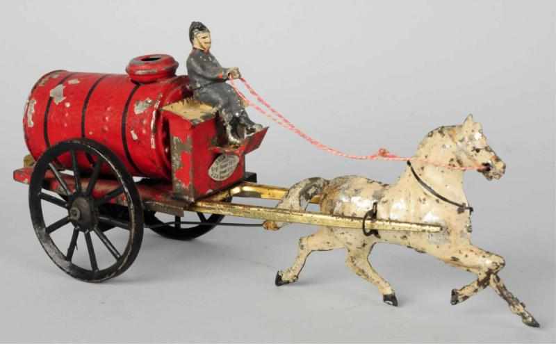 Appraisal: Hand-Painted Tin Horse-Drawn Fire Pumper Toy German Wind-Up mechanism is