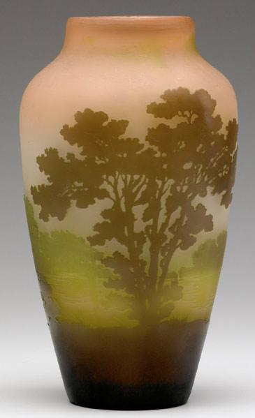 Appraisal: GALLE Cameo glass vase with a misty landscape in plum