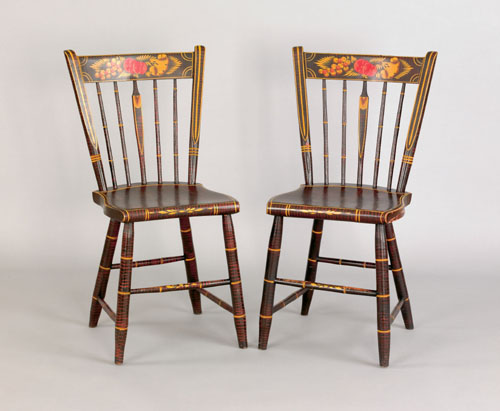 Appraisal: Pair of Pennsylvania painted plank seat chairs mid th c