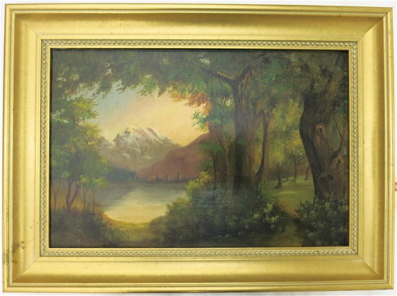 Appraisal: MOUNTAIN LANDSCAPE OIL ON BOARD forest and lake with mountain