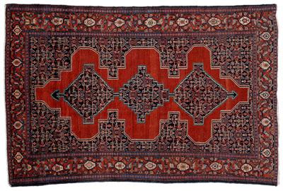 Appraisal: Senneh rug three serrated diamond medallions on brick red field