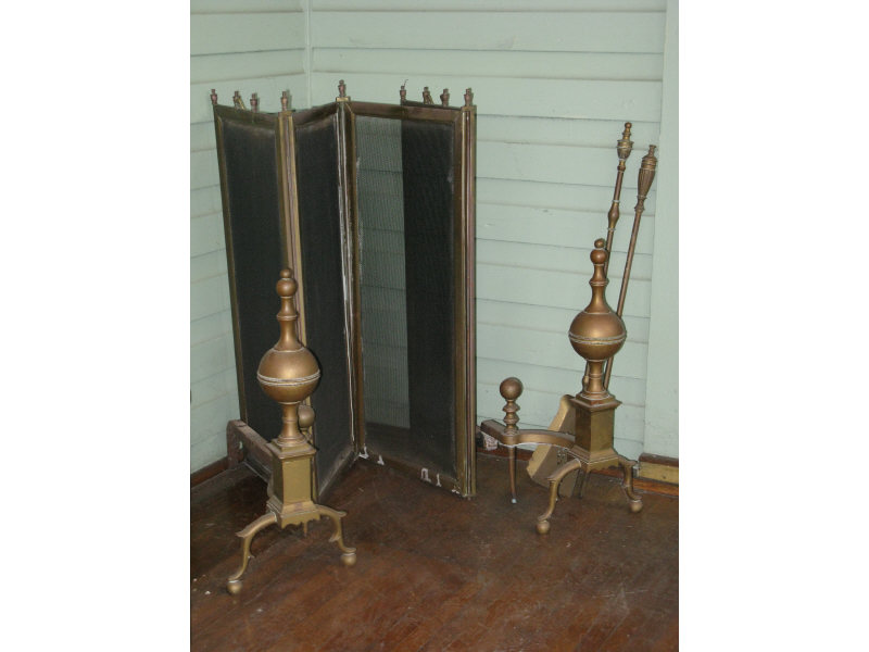 Appraisal: Chippendale Style Andirons Fire Screen Tools a pair of Chippendale