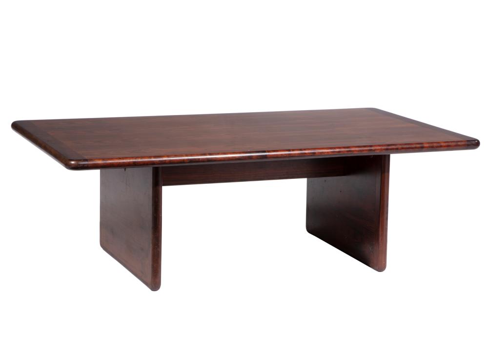 Appraisal: Modern Mixed Woods Coffee Table rectangular top trestle base h