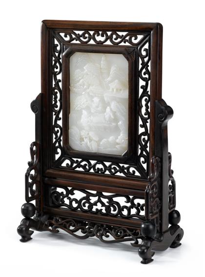 Appraisal: Chinese white jade and hardwood table screenThe rectangular pierced screen